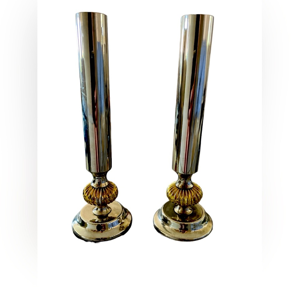 Silver and brass RARE antique pedestal candle holders with blue velvet bottom.